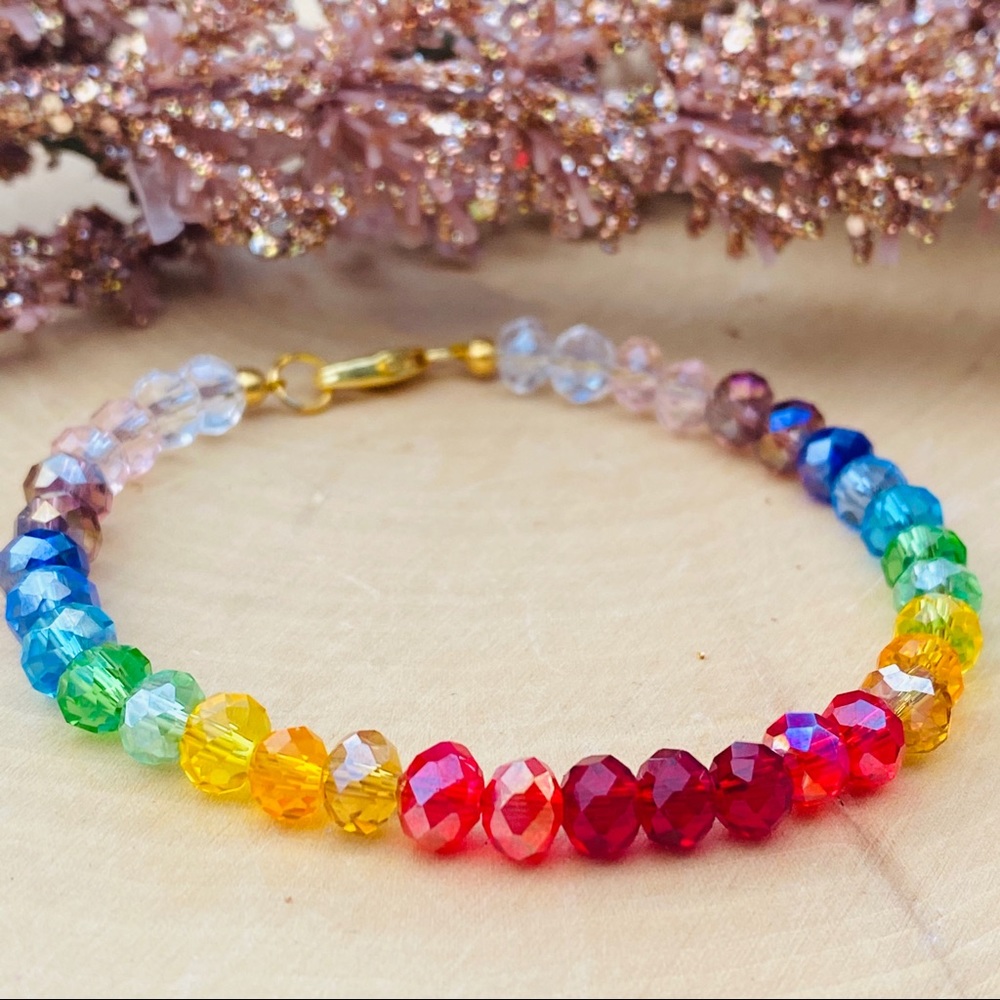 Rainbow Swarovski Crystal Gold Beaded Bracelet. PRIDE